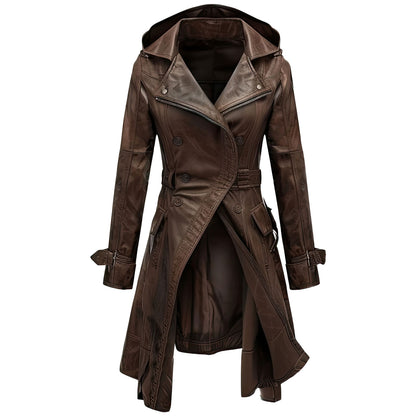 Women's Dark Brown Sheepskin Hooded Leather Coat, Vintage Gothic Punk Belted Outerwear