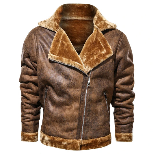 Men’s B3 Bomber Aviator Leather Jacket Vintage Distressed Brown Sheepskin with Faux Fur Lapel and Asymmetric Design