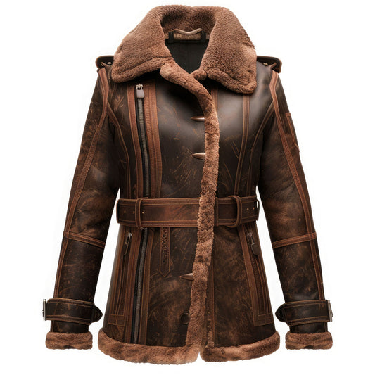 Chic Vintage Women's Distressed Brown Sheepskin Leather Coat with Sherpa Lining – Mid-Length Belted Crossover Style