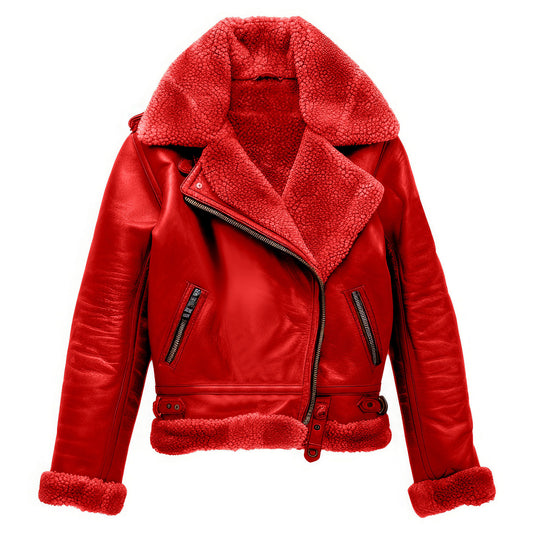 Women’s Red Genuine Sheepskin Sherpa Shearling Faux Fur Collar Warm Soft Asymmetric Zip-up Biker Aviator Leather Jacket