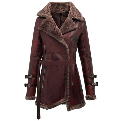 Women's Distressed Maroon Sheepskin Leather Trench Coat – Sherpa Lined, Belted, Warm Winter Jacket