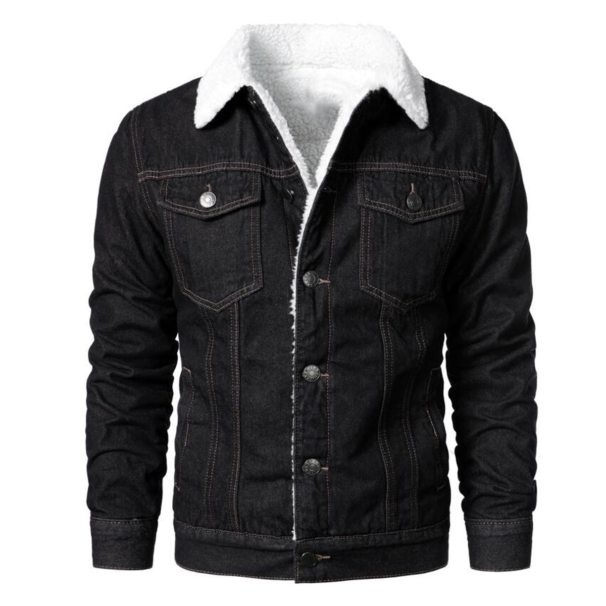 Men's Black Western Trucker Denim Jacket - Faux Fur Collar, Warm Hip-Hop Casual Winter Style