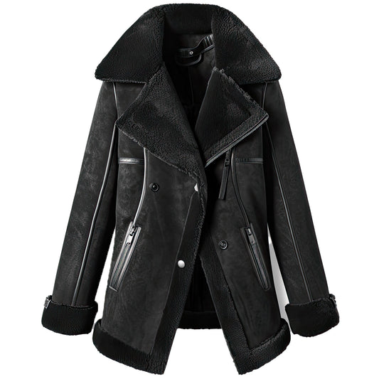 Women’s Black Genuine Suede Aviator Leather Coat with Sherpa Shearling Faux Fur Lining