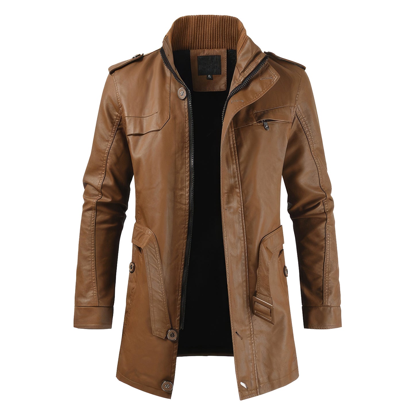 Men's Black Sheepskin Leather Motorcycle Jacket – Stand Collar, Warm Casual Biker Coat