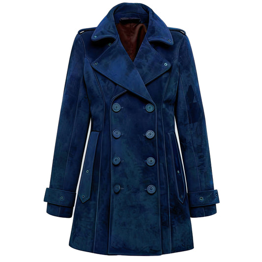 Women's Cobalt Blue Genuine Suede Slim-Fit Trench Coat - Soft, Belted, Lapel Collar, Knee-Length, Casual Classy