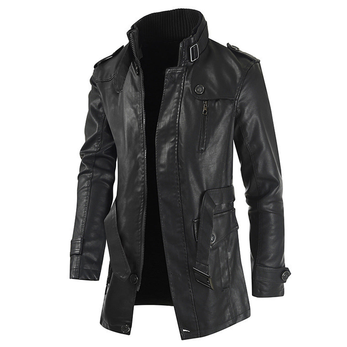 Men's Black Sheepskin Leather Motorcycle Jacket – Stand Collar, Warm Casual Biker Coat