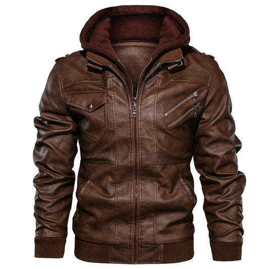 Men's Brown Sheepskin Leather Moto Biker Hooded Bomber Jacket - Classic, Casual, and Fashionable