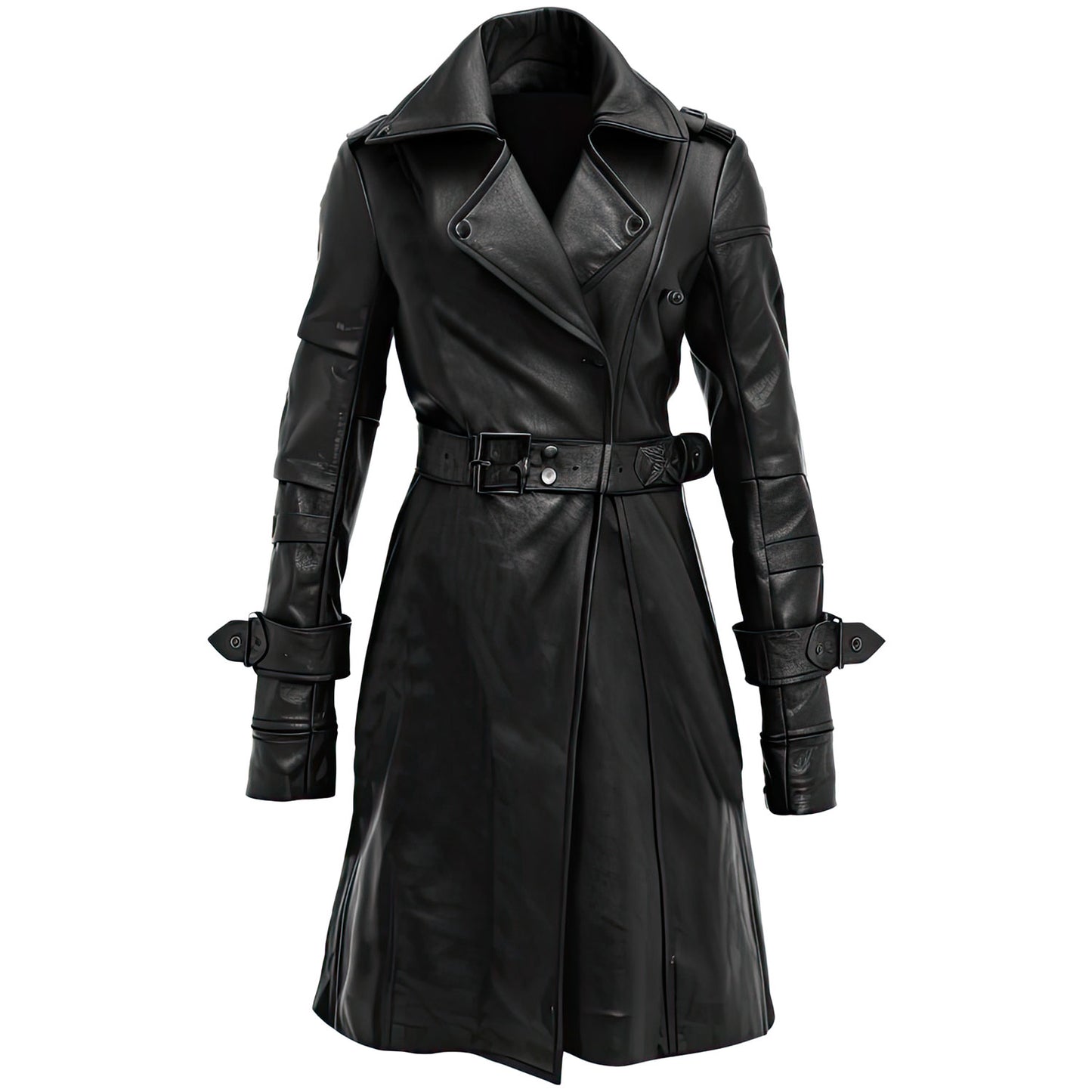 Women's Black Genuine Sheepskin Leather Trench Coat - Belted, Slim-Fit, Knee-Length with Crossover Lapel