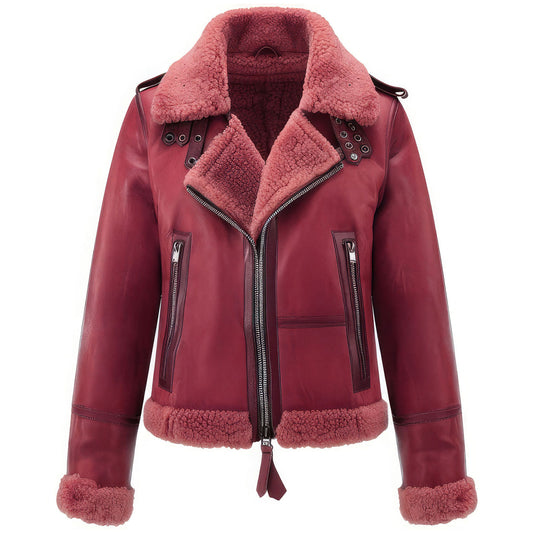 Women’s Burgundy Sheepskin B3 Aviator Jacket - Warm Faux Sherpa Lined Zip-Up Pilot Coat with Smooth Finish