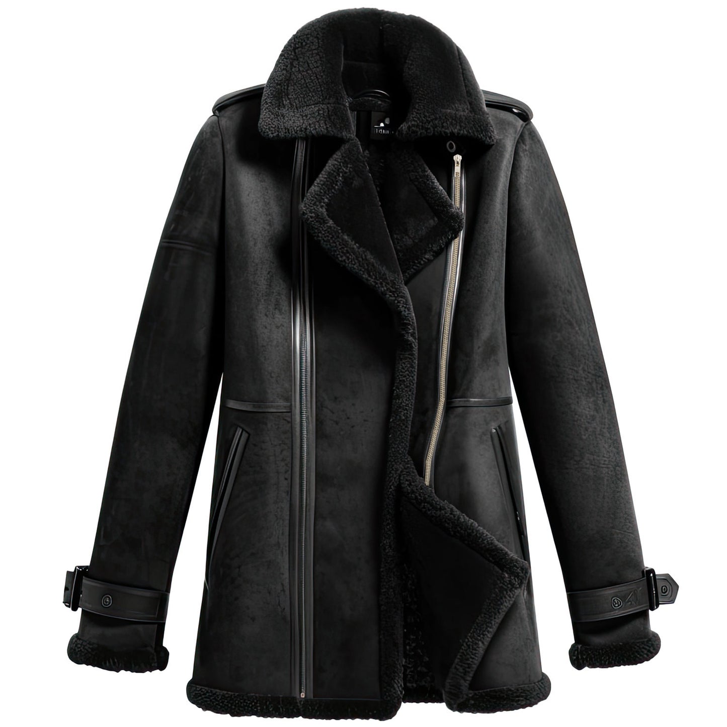 Women's Black Genuine Suede Leather Coat, Mid-Length Sherpa Faux Fur Lined, Stylish Office Jacket for Spring and Winter