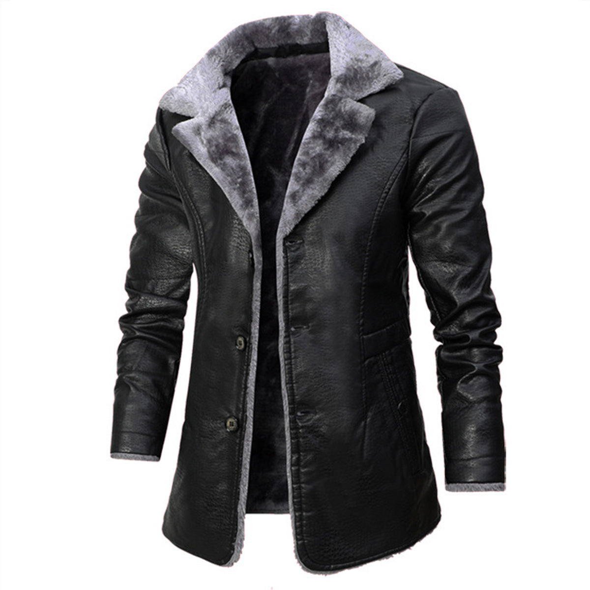 Men's Black Sheepskin Leather Trench Coat - Faux Fur Turn-Down Collar, Single-Breasted