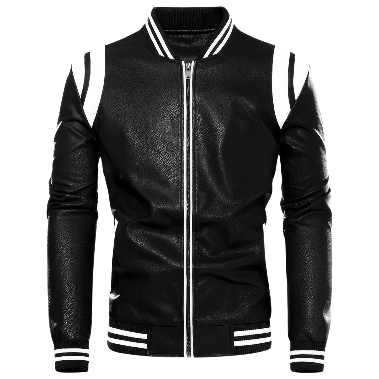 Men’s Black Biker Genuine Sheepskin Leather Jacket – Slim Fit, White Stripes, Rib-Knit Bomber Sporty Motorcycle Style