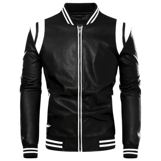 Men’s Black Biker Genuine Sheepskin Leather Jacket – Slim Fit, White Stripes, Rib-Knit Bomber Sporty Motorcycle Style