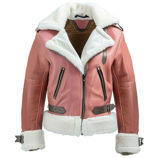 Women's Pink Sheepskin Leather Bomber Jacket - Faux Fur Lined, Aviator Style, Winter Warmth