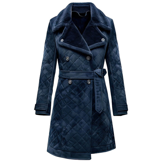 Women's Navy Blue Suede Double-Breasted Trench Coat - Knee-Length, Classy Autumn