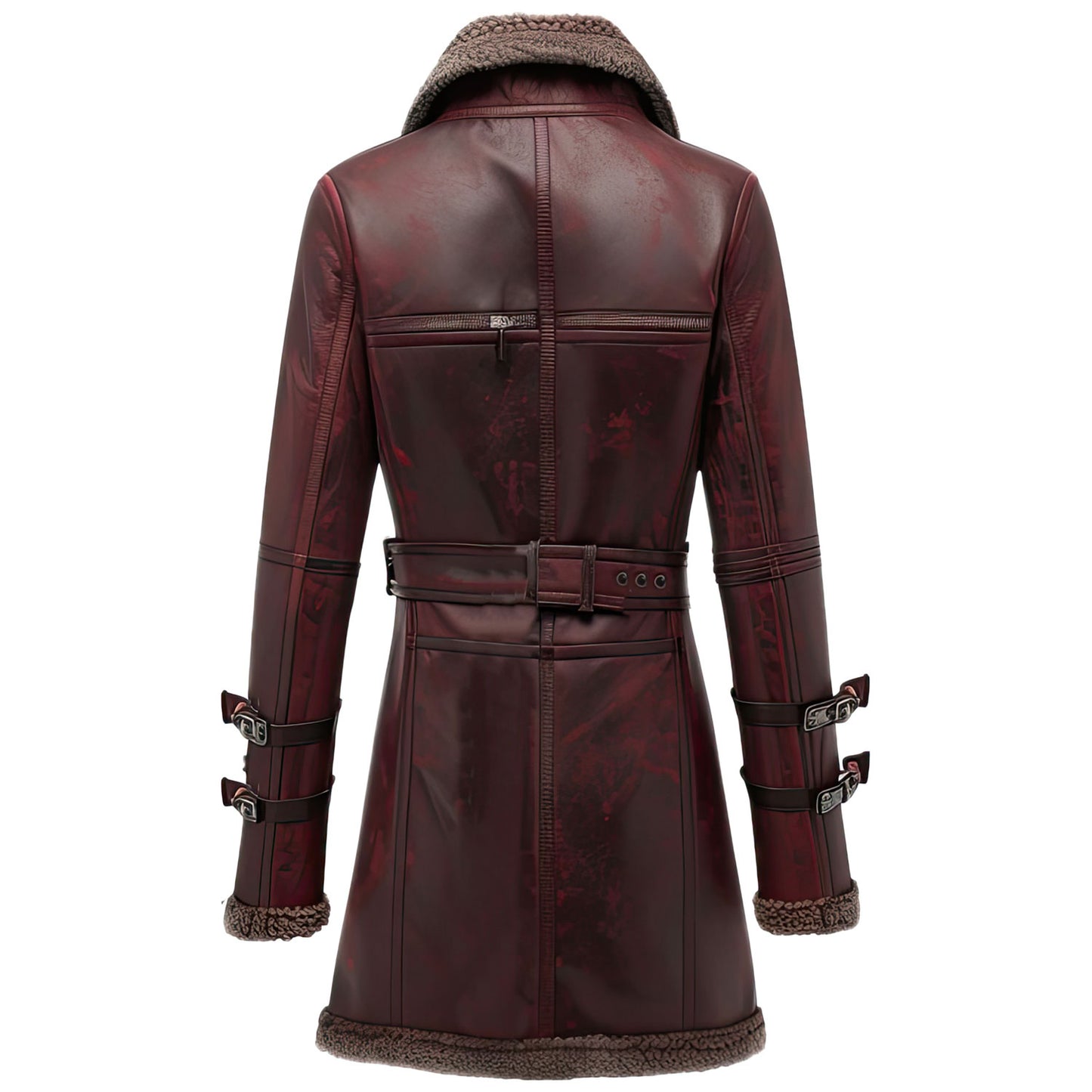 Women's Distressed Maroon Sheepskin Leather Trench Coat – Sherpa Lined, Belted, Warm Winter Jacket