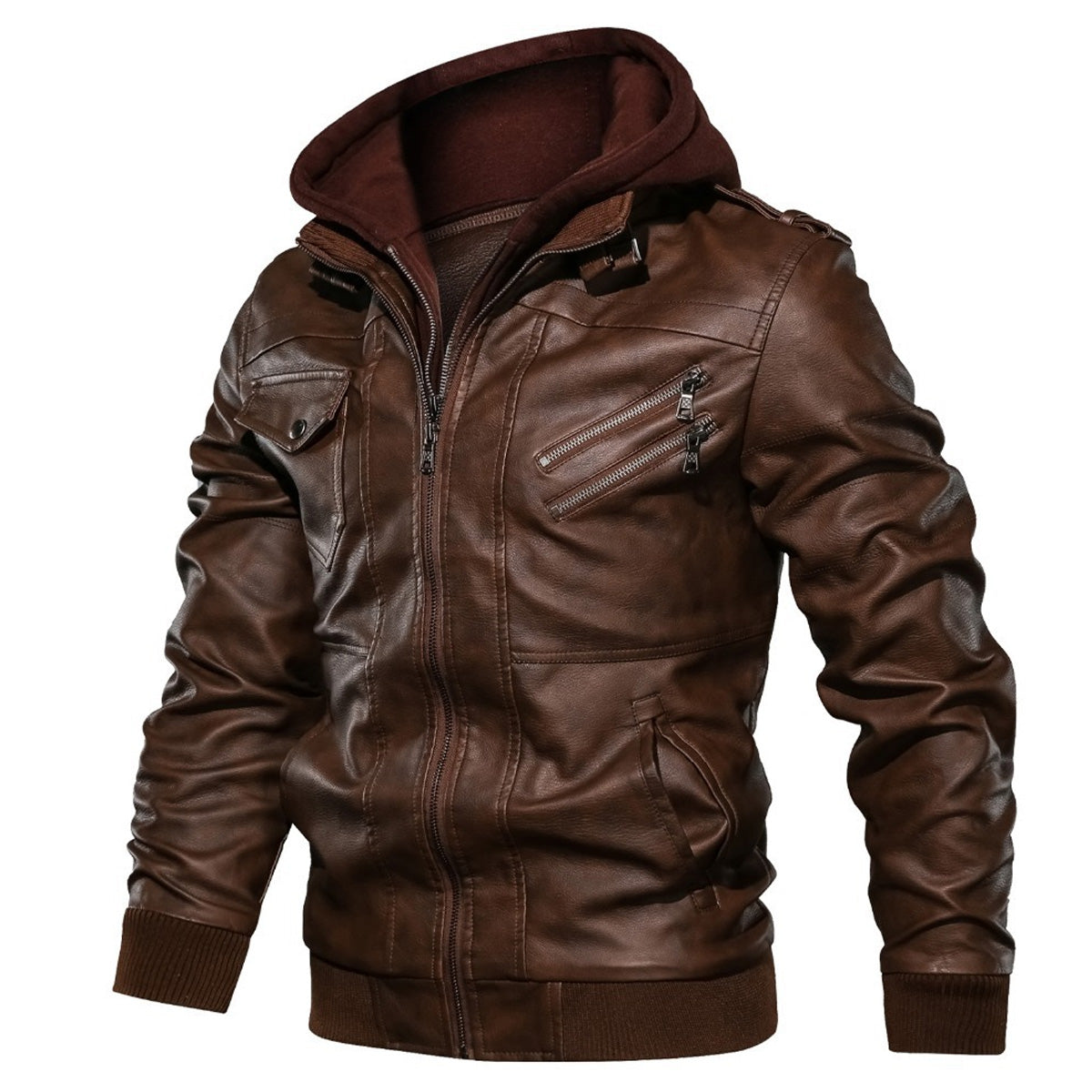 Men's Brown Sheepskin Leather Moto Biker Hooded Bomber Jacket - Classic, Casual, and Fashionable