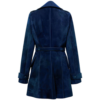 Women's Cobalt Blue Genuine Suede Slim-Fit Trench Coat - Soft, Belted, Lapel Collar, Knee-Length, Casual Classy