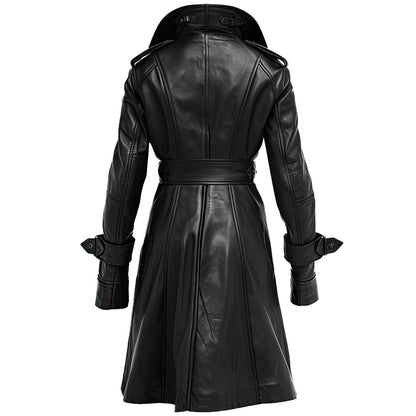 Women's Black Genuine Sheepskin Leather Trench Coat - Belted, Slim-Fit, Knee-Length with Crossover Lapel