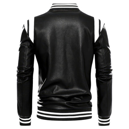 Men’s Black Biker Genuine Sheepskin Leather Jacket – Slim Fit, White Stripes, Rib-Knit Bomber Sporty Motorcycle Style