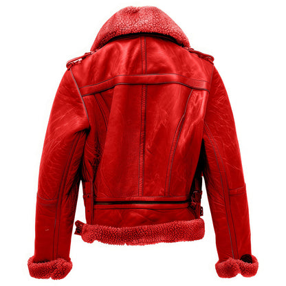 Women’s Red Genuine Sheepskin Sherpa Shearling Faux Fur Collar Warm Soft Asymmetric Zip-up Biker Aviator Leather Jacket