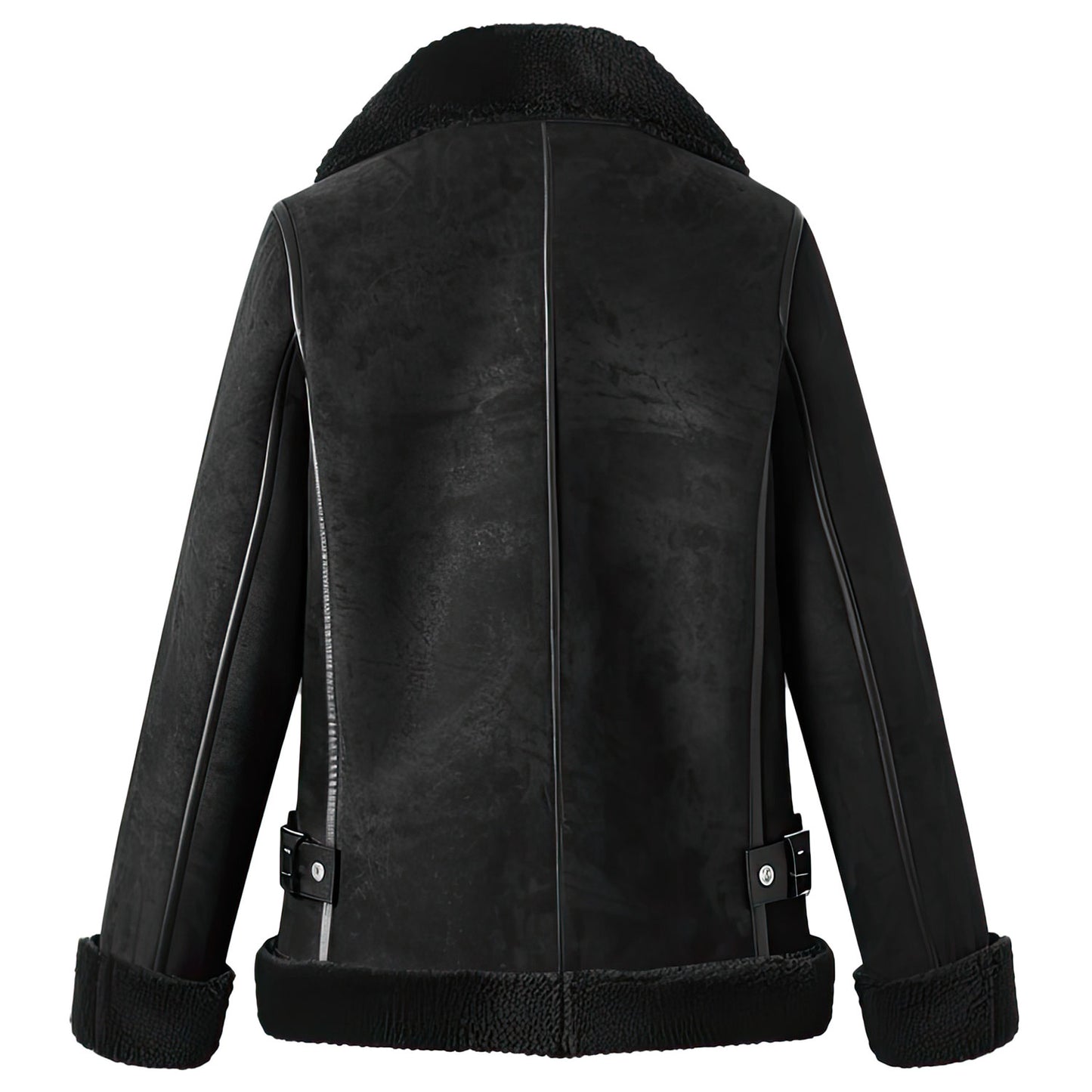 Women’s Black Genuine Suede Aviator Leather Coat with Sherpa Shearling Faux Fur Lining