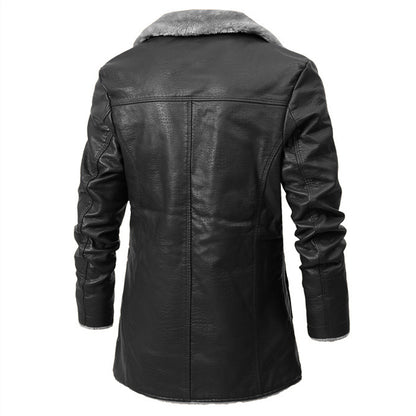 Men's Black Sheepskin Leather Trench Coat - Faux Fur Turn-Down Collar, Single-Breasted