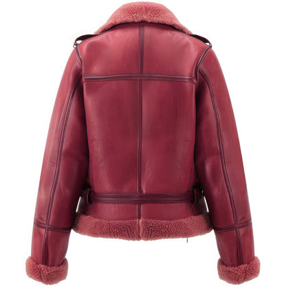 Women’s Burgundy Sheepskin B3 Aviator Jacket - Warm Faux Sherpa Lined Zip-Up Pilot Coat with Smooth Finish