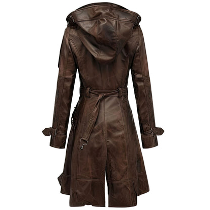 Women's Dark Brown Sheepskin Hooded Leather Coat, Vintage Gothic Punk Belted Outerwear