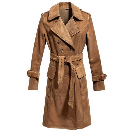 Women's Brown Suede Knee-Length Trench Coat, Genuine Leather with Crossover Lapel