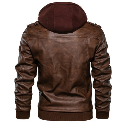 Men's Brown Sheepskin Leather Moto Biker Hooded Bomber Jacket - Classic, Casual, and Fashionable