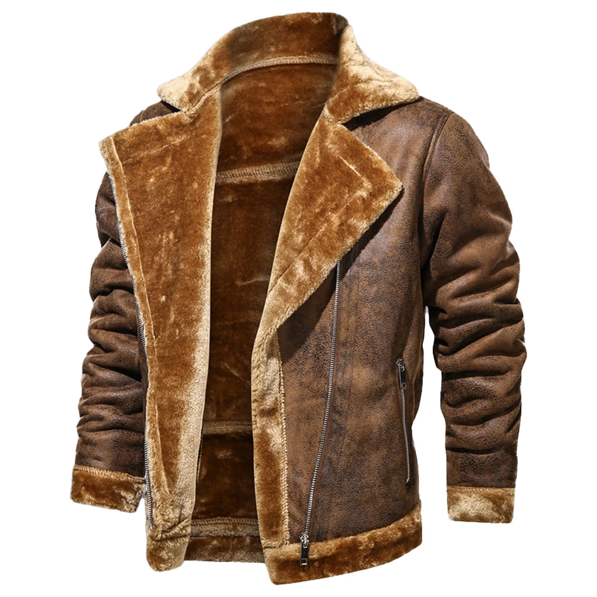 Men’s B3 Bomber Aviator Leather Jacket Vintage Distressed Brown Sheepskin with Faux Fur Lapel and Asymmetric Design