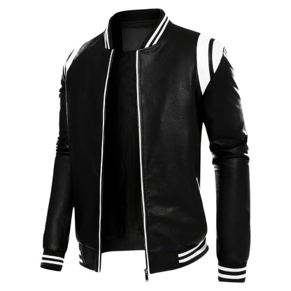 Men’s Black Biker Genuine Sheepskin Leather Jacket – Slim Fit, White Stripes, Rib-Knit Bomber Sporty Motorcycle Style