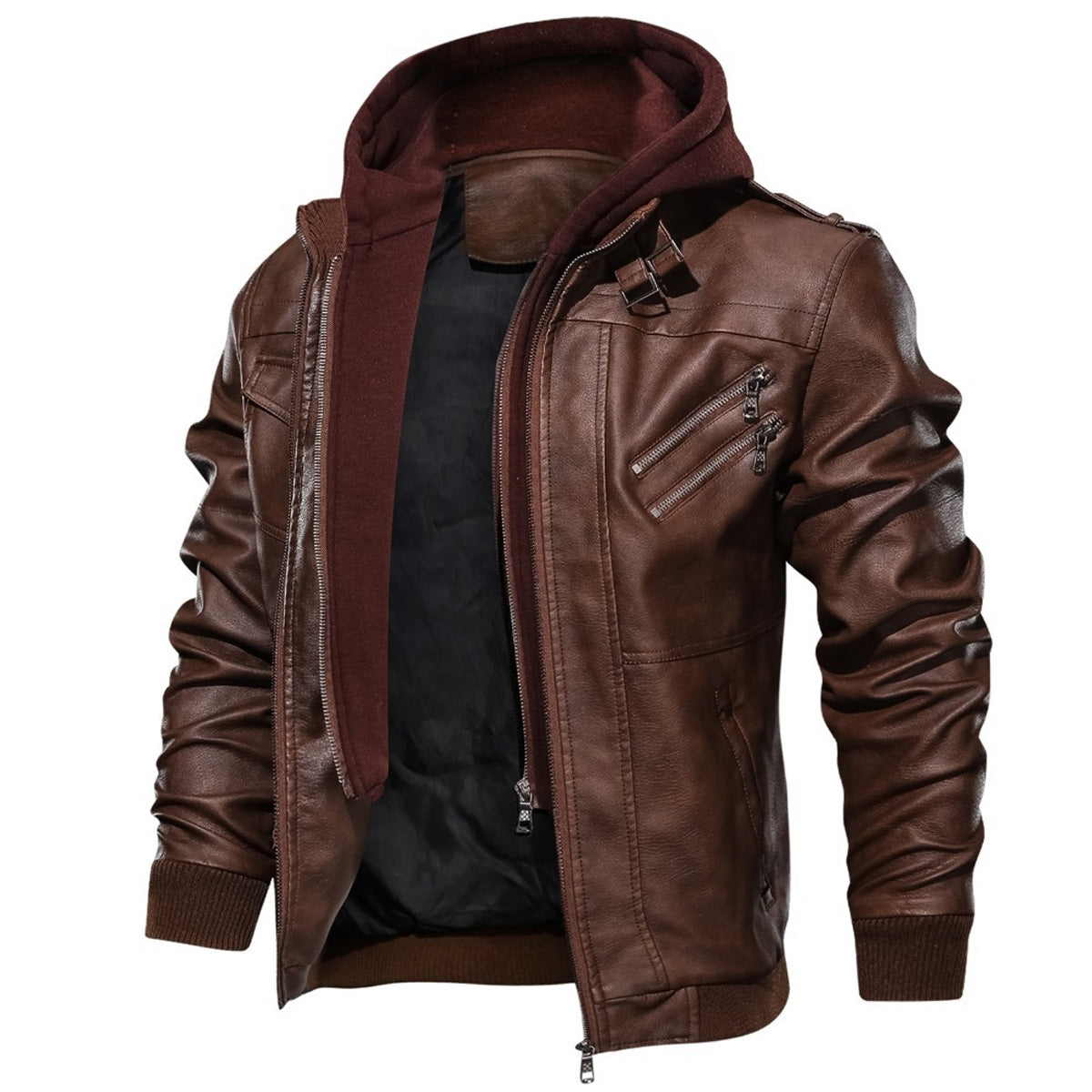 Men's Brown Sheepskin Leather Moto Biker Hooded Bomber Jacket - Classic, Casual, and Fashionable