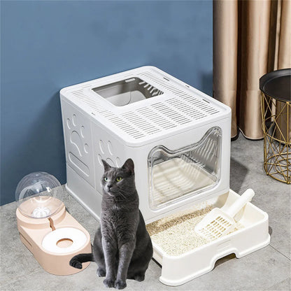 XXL Large Space Foldable Cat Litter Box with Front Entry & Top Exit with Tray