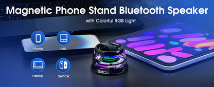 Outdoor Magnetic Bluetooth Speaker Wireless Portable Mini Travel Stereo Speaker with RGB Color Light and Phone Holder for Ios