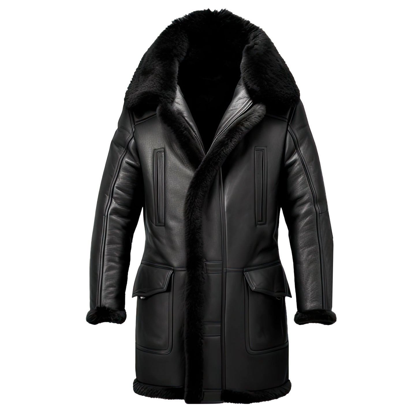 Men's Black Genuine Sheepskin Leather Coat | Sherpa Faux Fur Lined Winter Jacket | Warm Fashion Outerwear