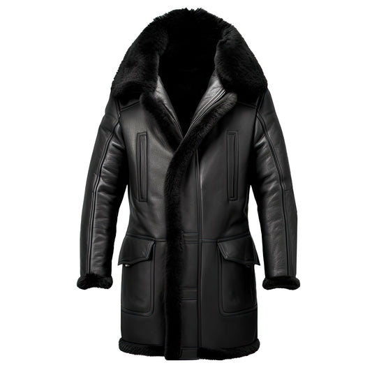 Men's Black Genuine Sheepskin Leather Coat | Sherpa Faux Fur Lined Winter Jacket | Warm Fashion Outerwear