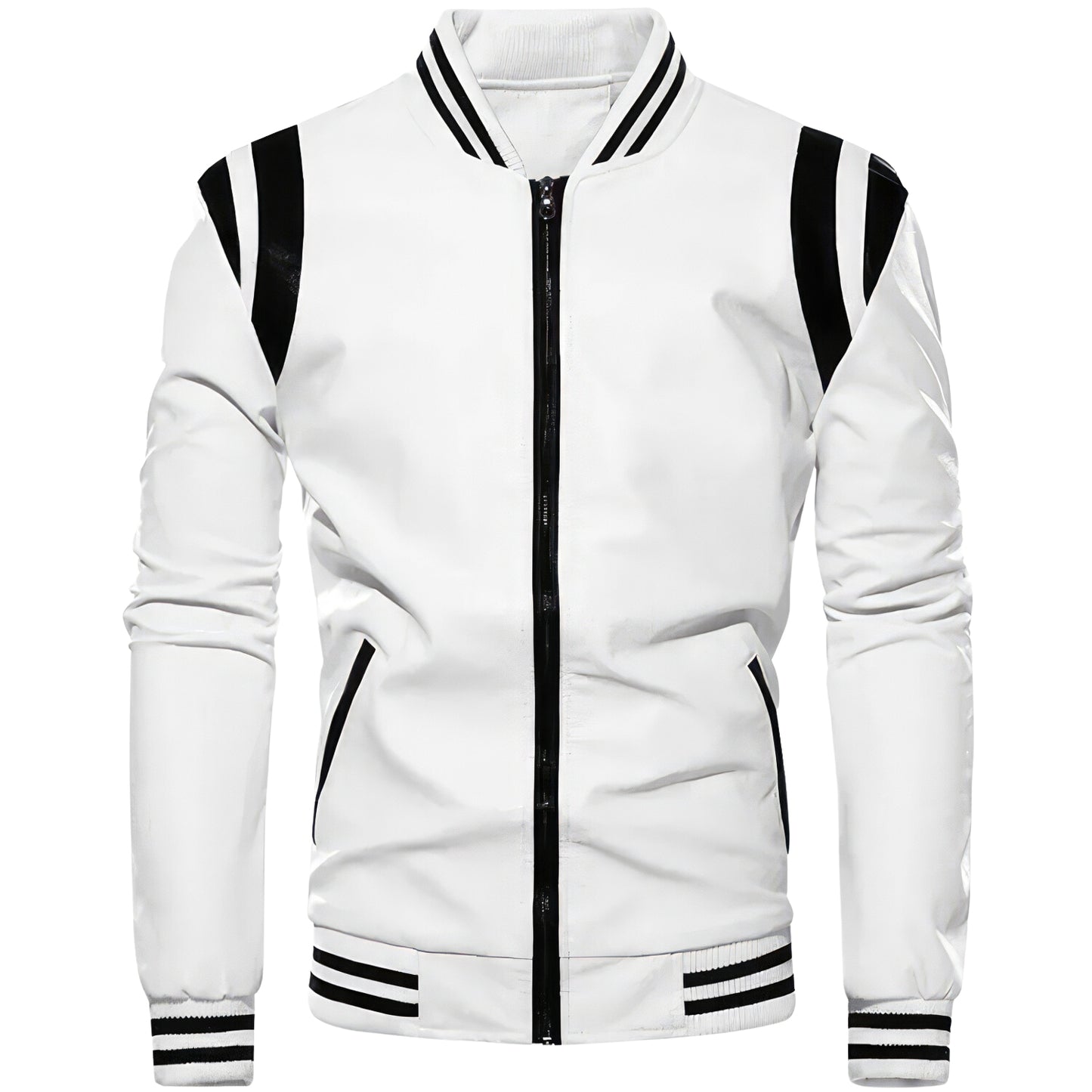 Men’s Black Biker Genuine Sheepskin Leather Jacket – Slim Fit, White Stripes, Rib-Knit Bomber Sporty Motorcycle Style