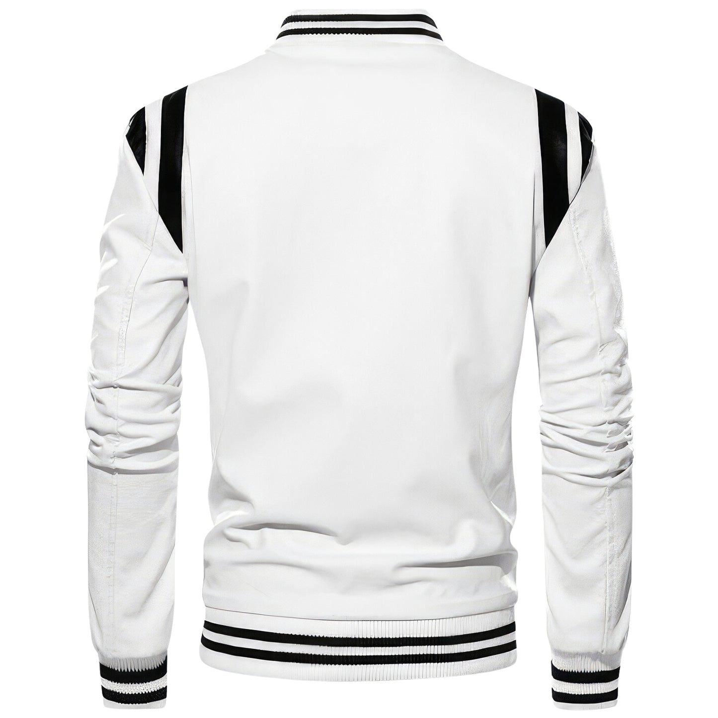 Men’s Black Biker Genuine Sheepskin Leather Jacket – Slim Fit, White Stripes, Rib-Knit Bomber Sporty Motorcycle Style