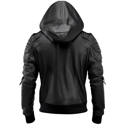 Men's Black Genuine Sheepskin Hooded Biker Bomber Jacket with Multi Zipper Design – Lightweight, Smooth, and Warm Punk Style