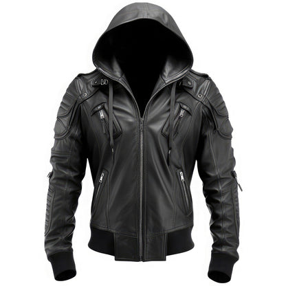 Men's Black Genuine Sheepskin Hooded Biker Bomber Jacket with Multi Zipper Design – Lightweight, Smooth, and Warm Punk Style